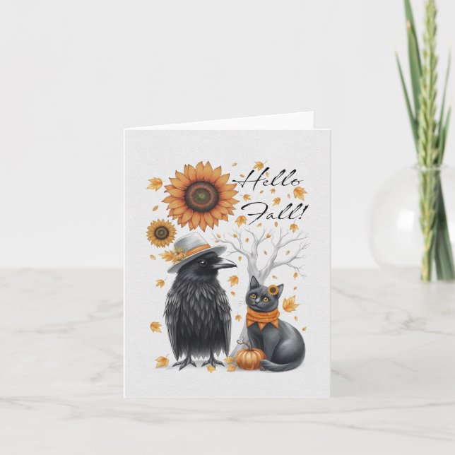 Krähe und Katze Herbst Thanksgiving Crow Dankeskarte (Vorderseite)