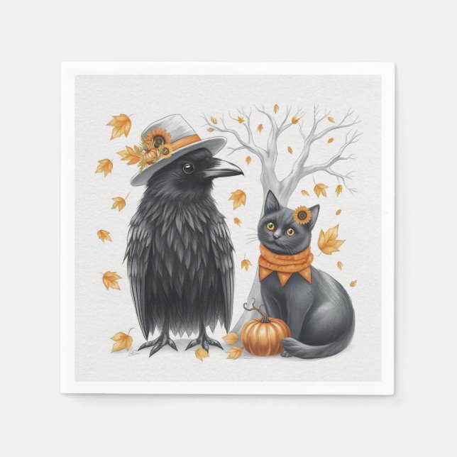 Krähe und Katze Herbst Thanksgiving Crow  Serviette (Vorderseite)