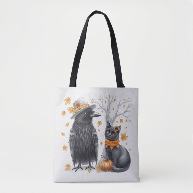 Krähe und Katze Herbst Thanksgiving Crow  Tasche (Vorderseite)