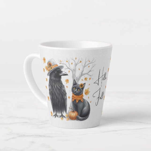 Krähe und Katze im Herbst „Hello Fall“ Crow Milchtasse (Linke Ecke)