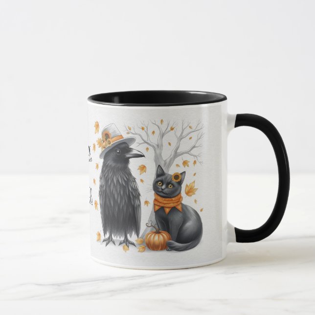 Krähe und Katze im Herbst „Hello Fall“ Crow Tasse (Rechts)