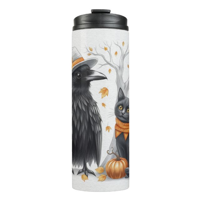 Krähe und Katze im Herbst „Hello Fall“ Crow Thermosbecher (Vorderseite)