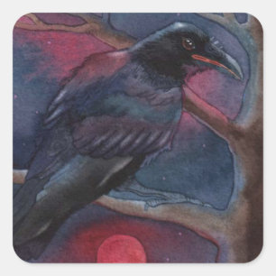 Krähe und rotes Mond-Steigen Quadratischer Aufkleber