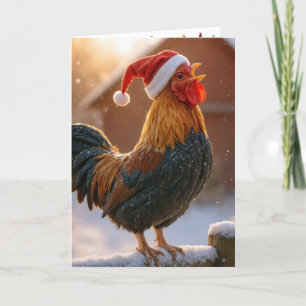 Krähender Weihnachtshahn mit Santa-Hut Karte