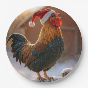 Krähender Weihnachtshahn mit Santa-Hut Pappteller