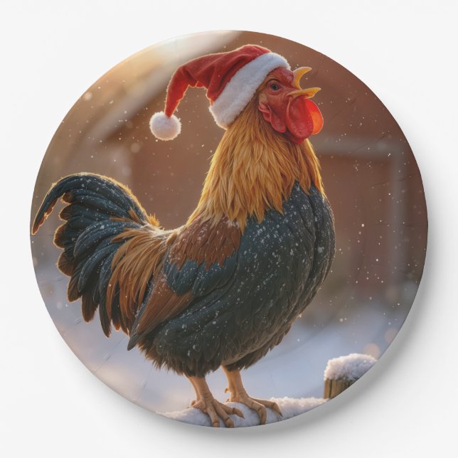 Krähender Weihnachtshahn mit Santa-Hut Pappteller (Vorderseite)