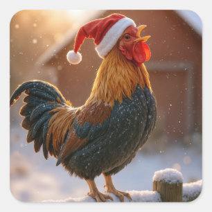 Krähender Weihnachtshahn mit Santa-Hut Quadratischer Aufkleber