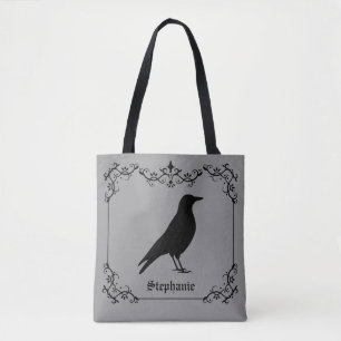 Krähenvogelsilhouette und dekorative Schwünge Grau Tasche