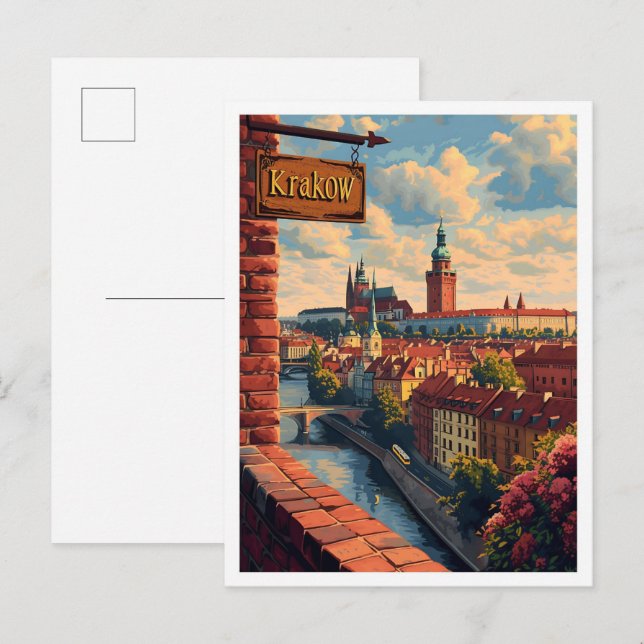 Krakau Polen Vintage Kunstreise Illustration Postkarte (Vorne/Hinten)