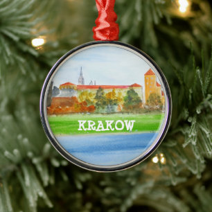 Krakauer Skyline in Aquarell Polen Polska Ornament Aus Metall