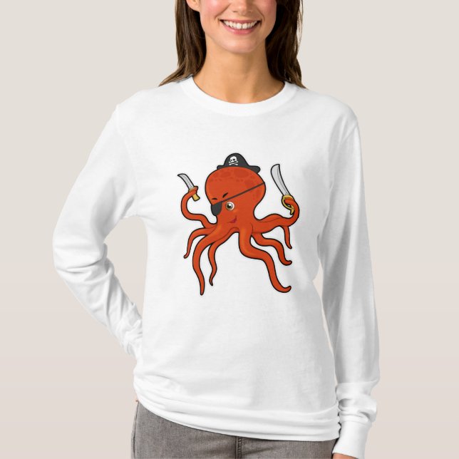 Kraken als Piraten mit Schwert und Messer T-Shirt (Vorderseite)