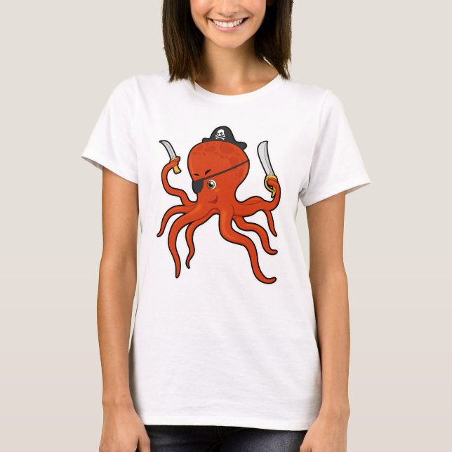 Kraken als Piraten mit Schwert und Messer T-Shirt (Vorderseite)
