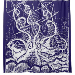 Kraken Angriffs-Marineblau-Duschvorhang Duschvorhang