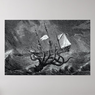 Kraken attackiert Schiff Vintage-Radierung Poster