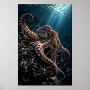 Kraken auf felsigem Riff im tiefblauen Ozean Marin Poster