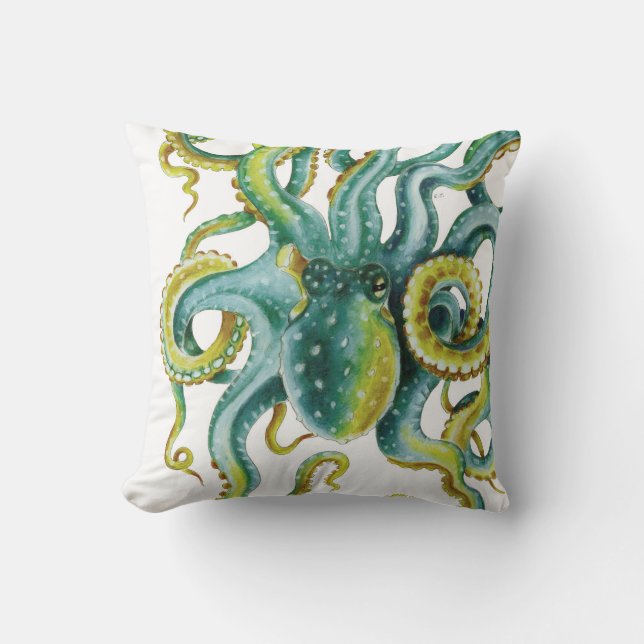 Kraken-blaue Aquarell-Kunst Kissen (Vorderseite)