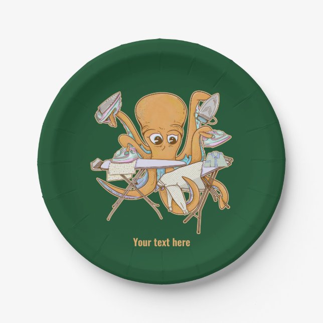 Kraken bügeln, überwältigt von der Arbeit. Pappteller (Vorderseite)