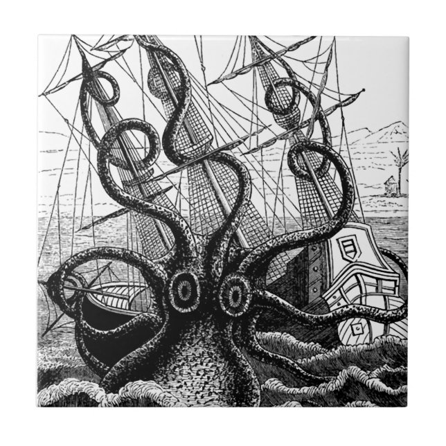 Kraken Eatting ein Segelschiff Fliese (Vorderseite)