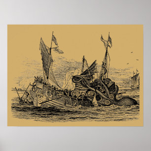 Kraken greift Schiff an Vintage Steampunk Poster