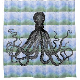 Kraken Krake auf Hintergrund des blauen Grüns Duschvorhang