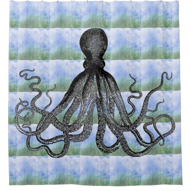 Kraken Krake auf Hintergrund des blauen Grüns Duschvorhang (Vorderseite)