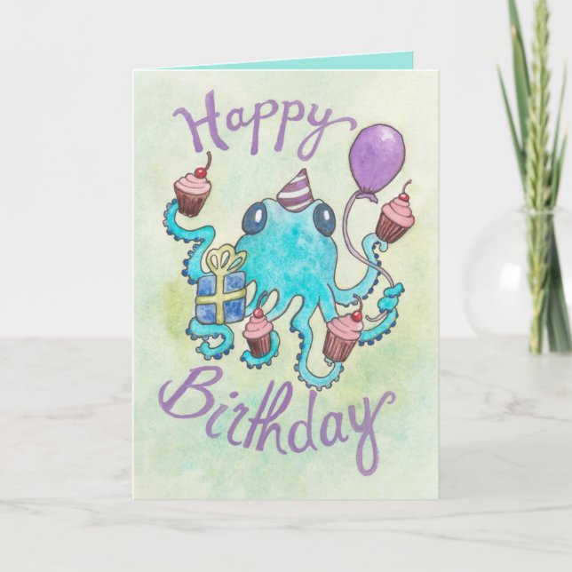 Kraken mit Cupcakes Geburtstagskarte Karte (Vorderseite)