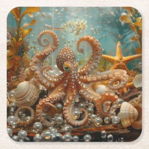 Kraken Muscheln Seesterne Perlen Ozean Tropisch Rechteckiger Pappuntersetzer