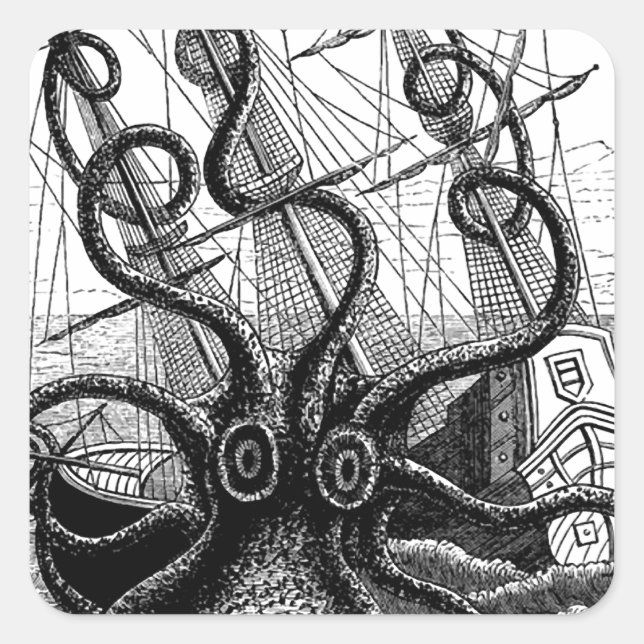 Kraken/Oktopus, die ein Piratenschiff essen, schwa Quadratischer Aufkleber (Vorderseite)