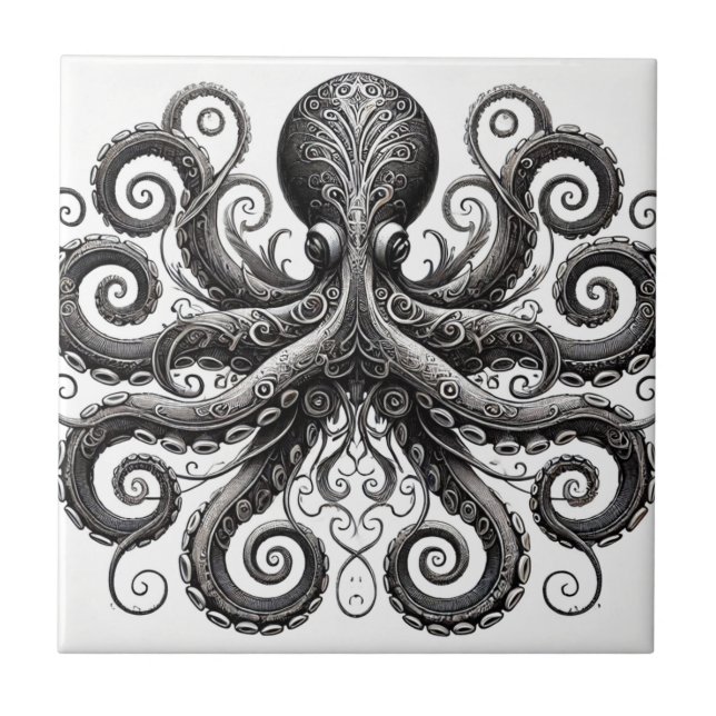 Kraken Steampunk Octopus Verziert Black Fliese (Vorderseite)