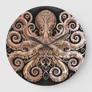 Kraken Steampunk Octopus Verziert Gold Black Große Wanduhr