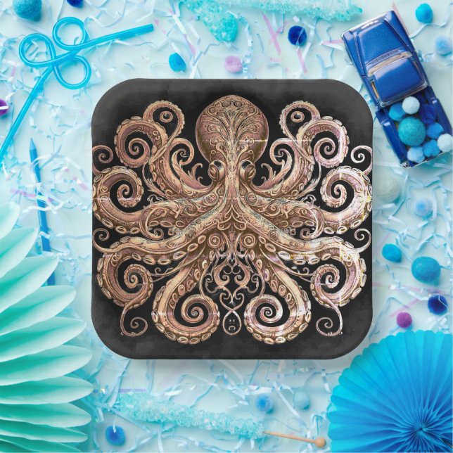 Kraken Steampunk Octopus Verziert Gold Black Pappteller (Party)