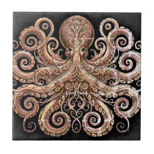 Kraken Steampunk Octopus Verziert Gold und Black Fliese