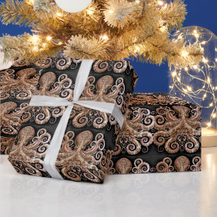 Kraken Steampunk Octopus Verziert Gold und Black Geschenkpapier