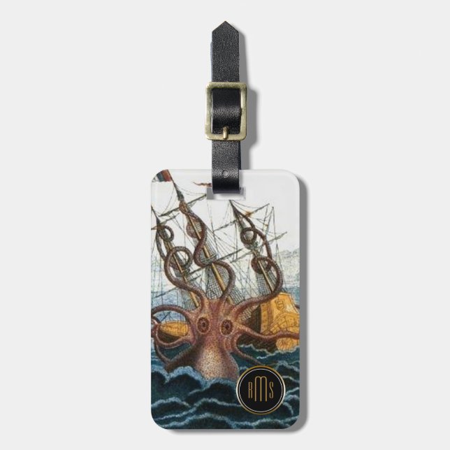 Kraken Steampunk Vintages Buchstabe-Monogramm Gepäckanhänger (Vorderseite vertikal)