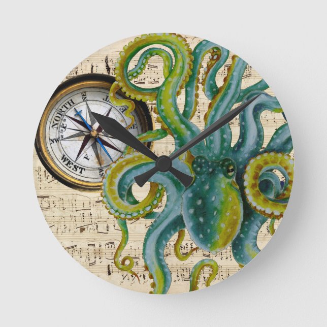Kraken-Tentakel-Kompass-Musik Runde Wanduhr (Vorderseite)