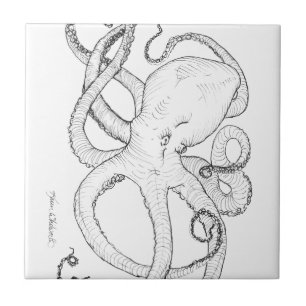 Kraken-Tinten-Zeichnen Schwarzweiss Fliese