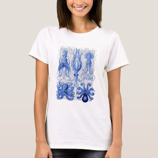 Kraken und Tintenfisch Blau T-Shirt (Vorderseite)