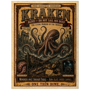 Kraken, Vintage Zirkusmonster Postkarte