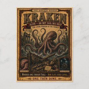 Kraken, Vintage Zirkusmonster Postkarte