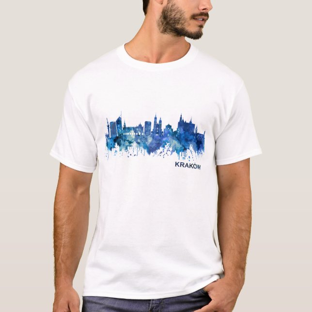 Krakow Poland Skyline Blue T-Shirt (Vorderseite)