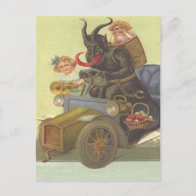Krampus, der kleine Mädchen im Auto verführt Postkarte (Vorderseite)