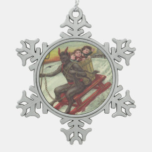 Krampus entführt Kinder auf Schlitten Schneeflocken Zinn-Ornament