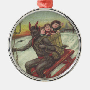 Krampus entführt Kinder auf Schlittenpitchfork Silbernes Ornament
