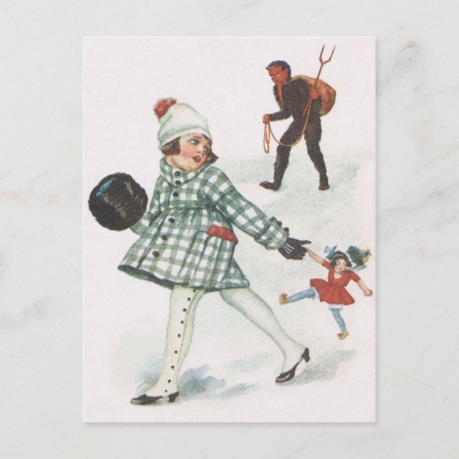 Krampus jagen ein kleines Mädchen mit Puppe Postkarte (Vorderseite)