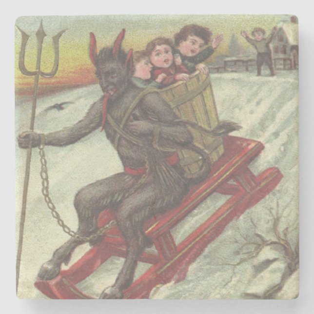 Krampus Kidnapping Kinder auf der Schlittelbahn Steinuntersetzer (Vorderseite)