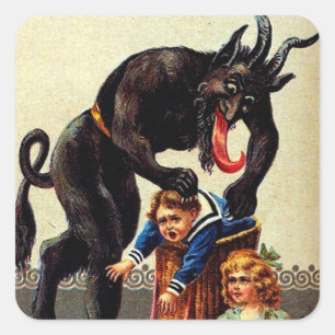 Krampus-Kinder im Weihnachtskorb-Weihnachtssticker Quadratischer Aufkleber