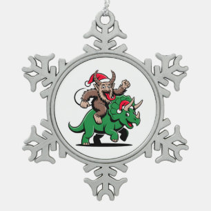 Krampus reitet auf einem Dinosaurier-Santa-Weihnac Schneeflocken Zinn-Ornament