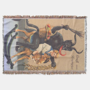 Krampus reitet auf einem Steckenpferd mit einem Ju Decke