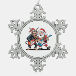 Krampus und Santa Playing Electric Guitar Xmas Schneeflocken Zinn-Ornament
