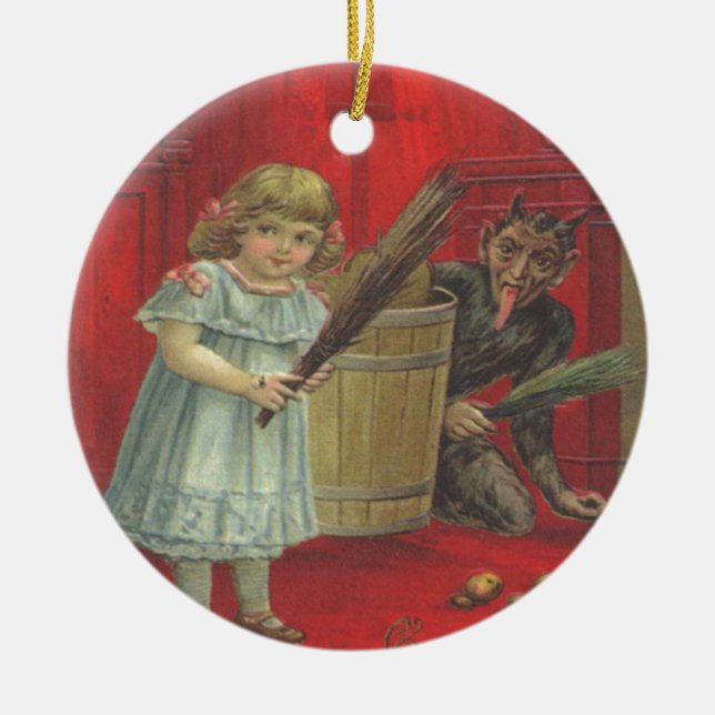 Krampusspiel mit Mädchen Keramik Ornament (Vorne)